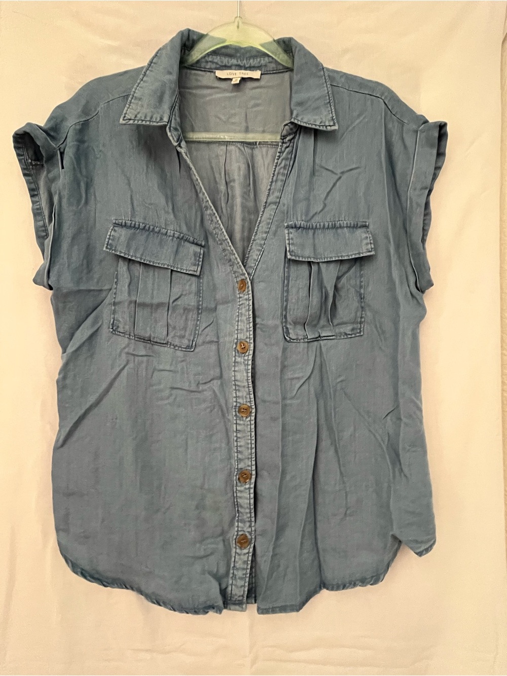 Light Blue Button-Front Sleeveless chambray Shirt, super soft never worn.